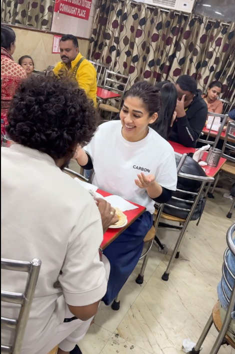 Actress Nayanthara surprises fans by queuing for 30 minutes at Delhi’s Kake Da Hotel on her birthday, enjoying a simple meal in an unassuming style
